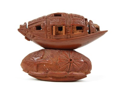 Lot 221 - Chinese Olive Stone Hediao Carving of a Sampan on Stand