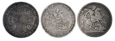Lot 41 - Three historical silver crowns from Charles II, George III and George IV (3).