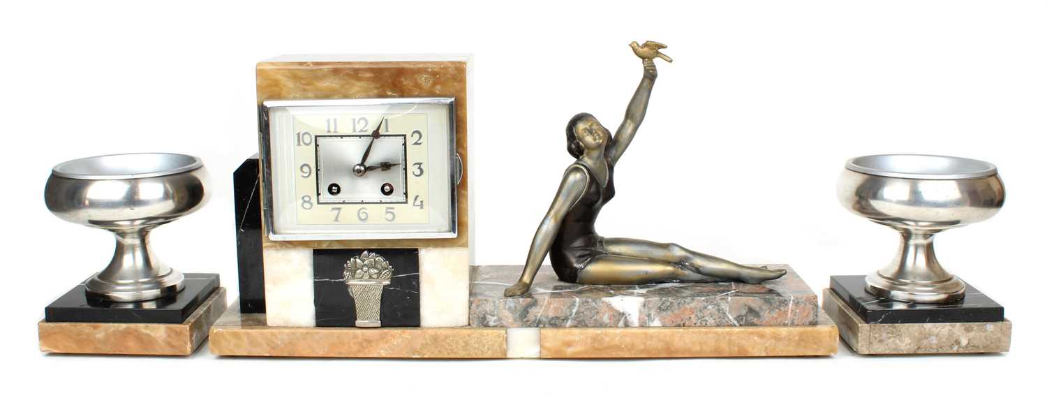 Lot 36 - Art Deco Marble Mantel Clock and Garniture
