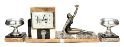 Lot Art Deco Marble Mantel Clock and Garniture