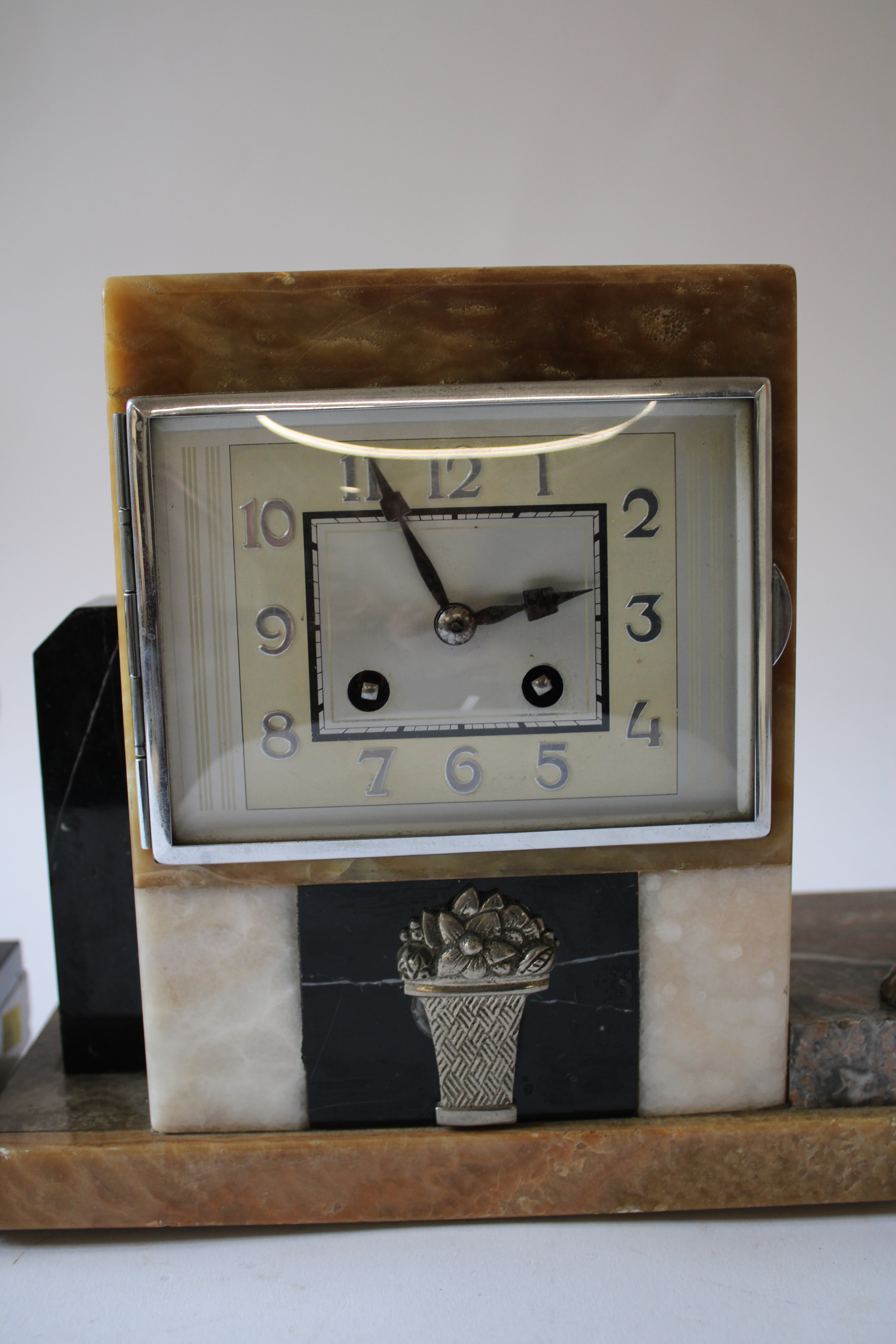 Art Deco Marble Mantel Clock and Garniture