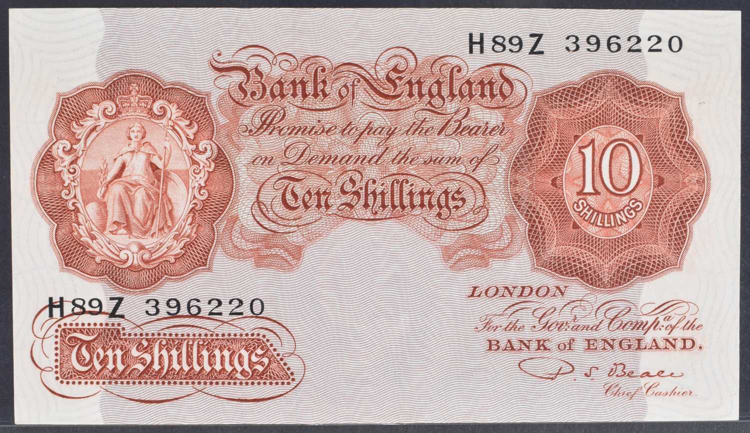 Lot 79 - A Bank of England, Ten Shillings, Series "A" Britannia Issue banknote (March 1950).