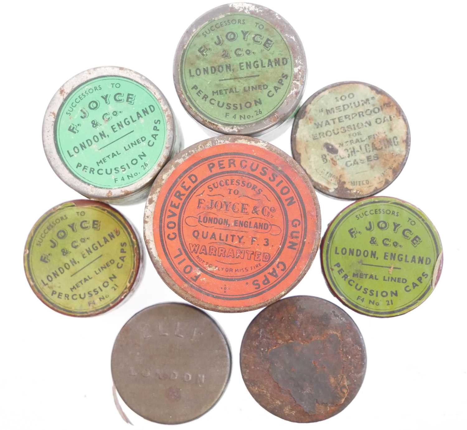 Lot 456 - Eight vintage percussion cap tins and contents...