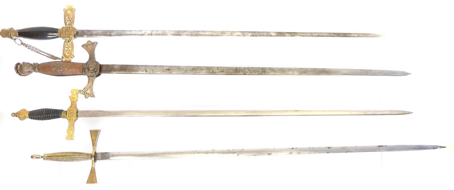 Lot 193 - Four Masonic dress swords, one ricasso stamped...