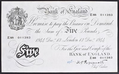 Lot 96 - A Black and White Series (1944-45 issued 1945), Five Pounds banknote, K.O. Peppiatt.