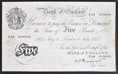 Lot 97 - A Black and White Series (1944-45 issued 1945), Five Pounds banknote, K.O. Peppiatt.