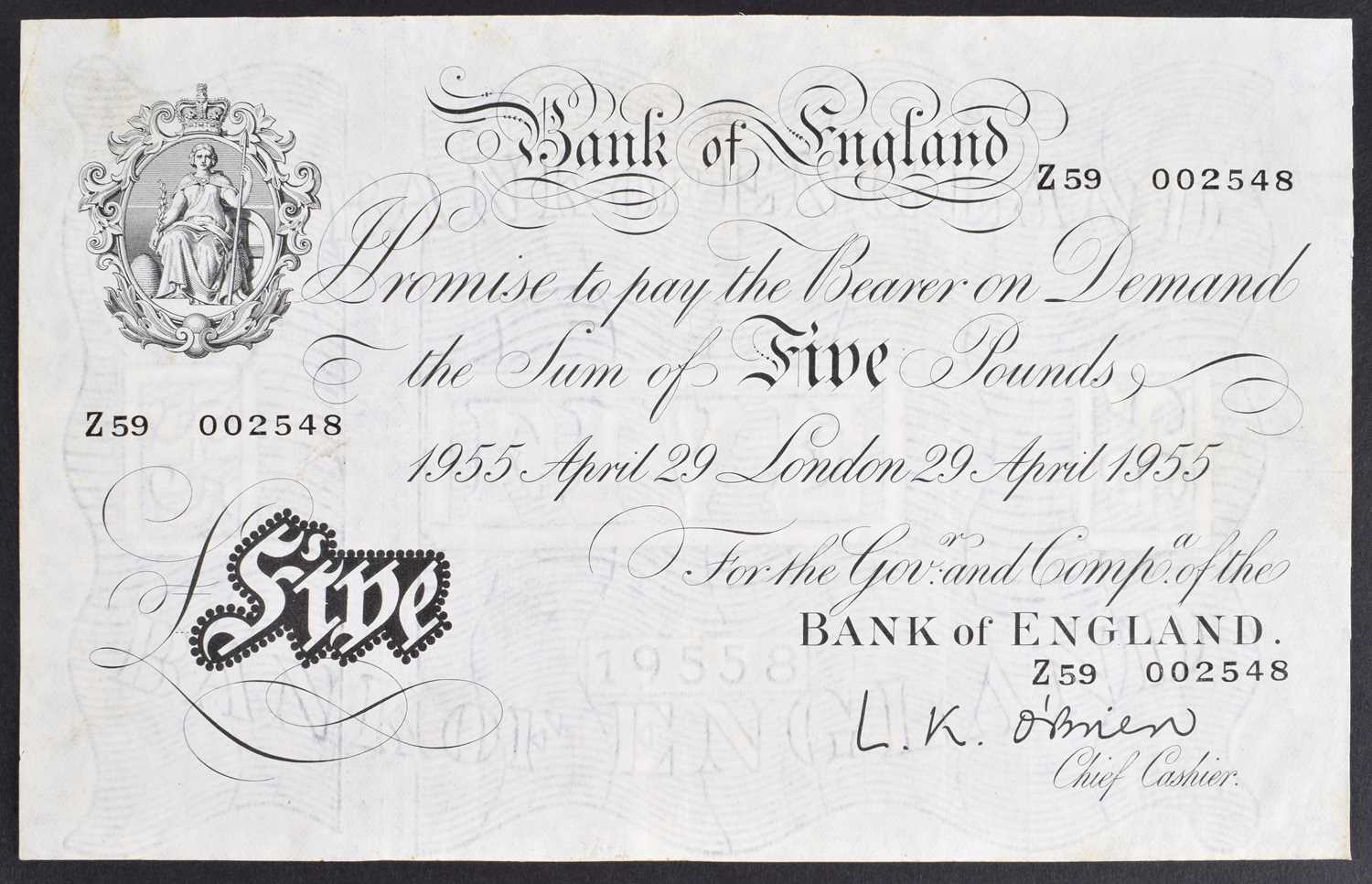 Lot 98 - A Black and White Series (1955-56), Five Pounds banknote, L.K. O'Brien.
