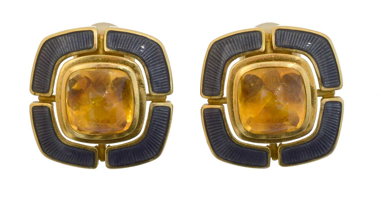 Lot 56 - A pair of 18ct gold citrine and enamel Leo de Vroomen earrings.