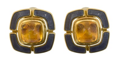 Lot A pair of 18ct gold citrine and enamel Leo de Vroomen earrings.