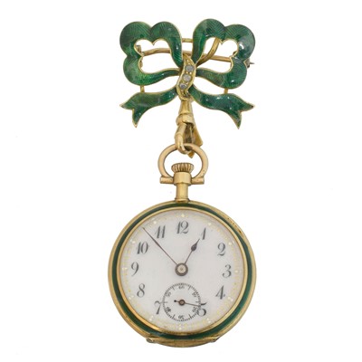 Lot An early 20th century 18ct gold diamond enamel fob watch.