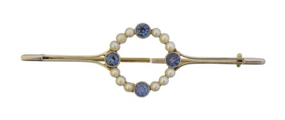 Lot 3 - An early 20th century sapphire and seed pearl bar brooch.