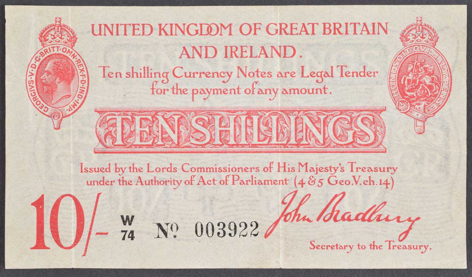 69 - A Second Bradbury Issue (January 1915), Ten Shillings treasury note.