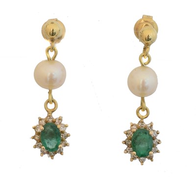 Lot 57 - A pair of emerald, diamond and cultured pearl drop earrings.