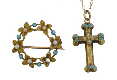 Lot 16 - A turquoise and split pearl pendant.