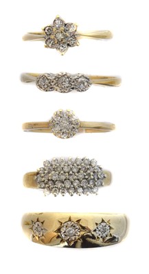 Lot 163 - Five 9ct gold diamond dress rings.