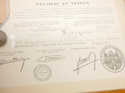Lot 208 - Framed French Verdun medal, with a certificate...