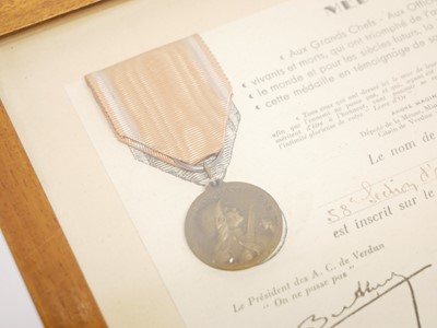 Lot 208 - Framed French Verdun medal, with a certificate...