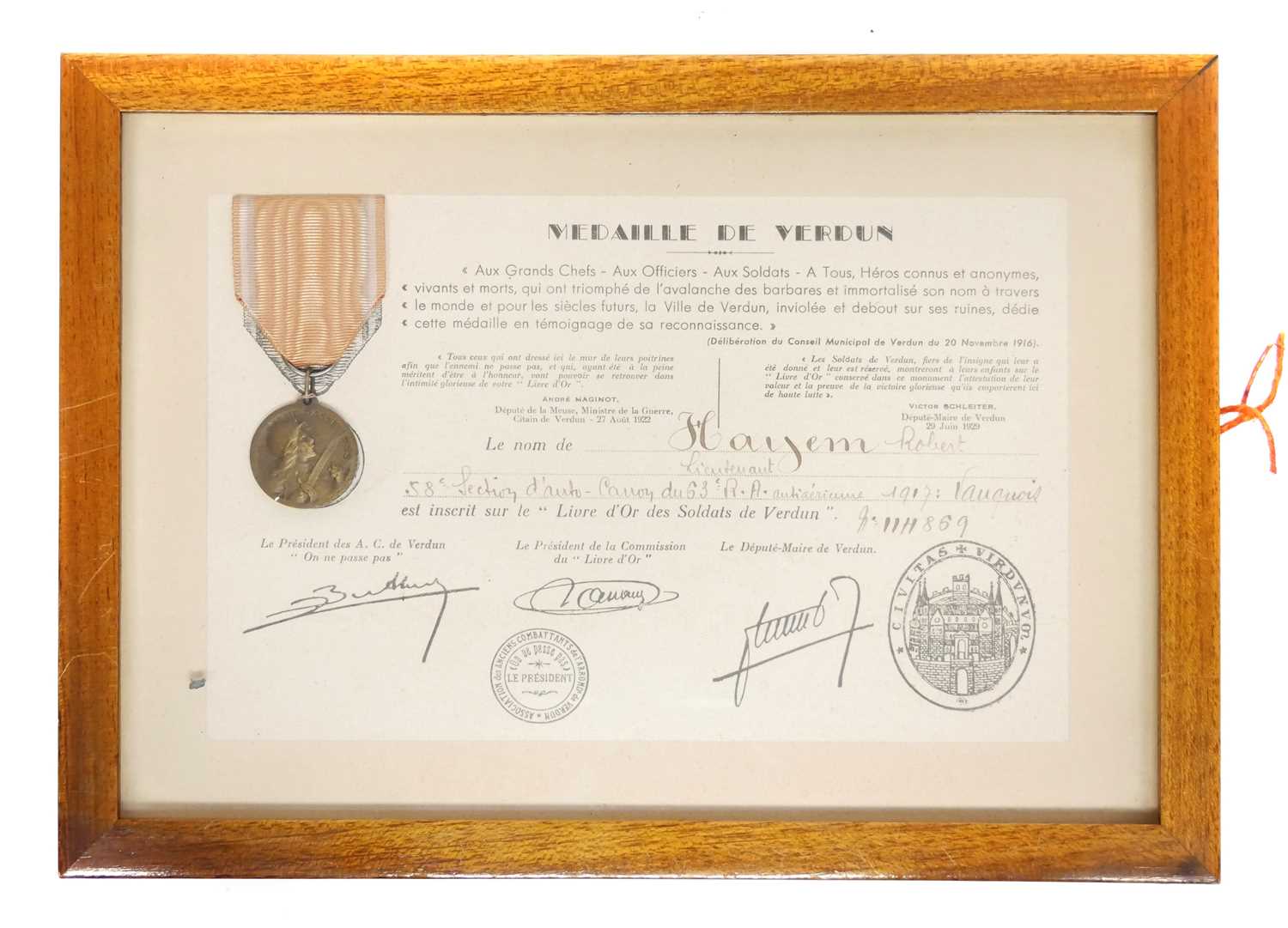 Lot 208 - Framed French Verdun medal, with a certificate...