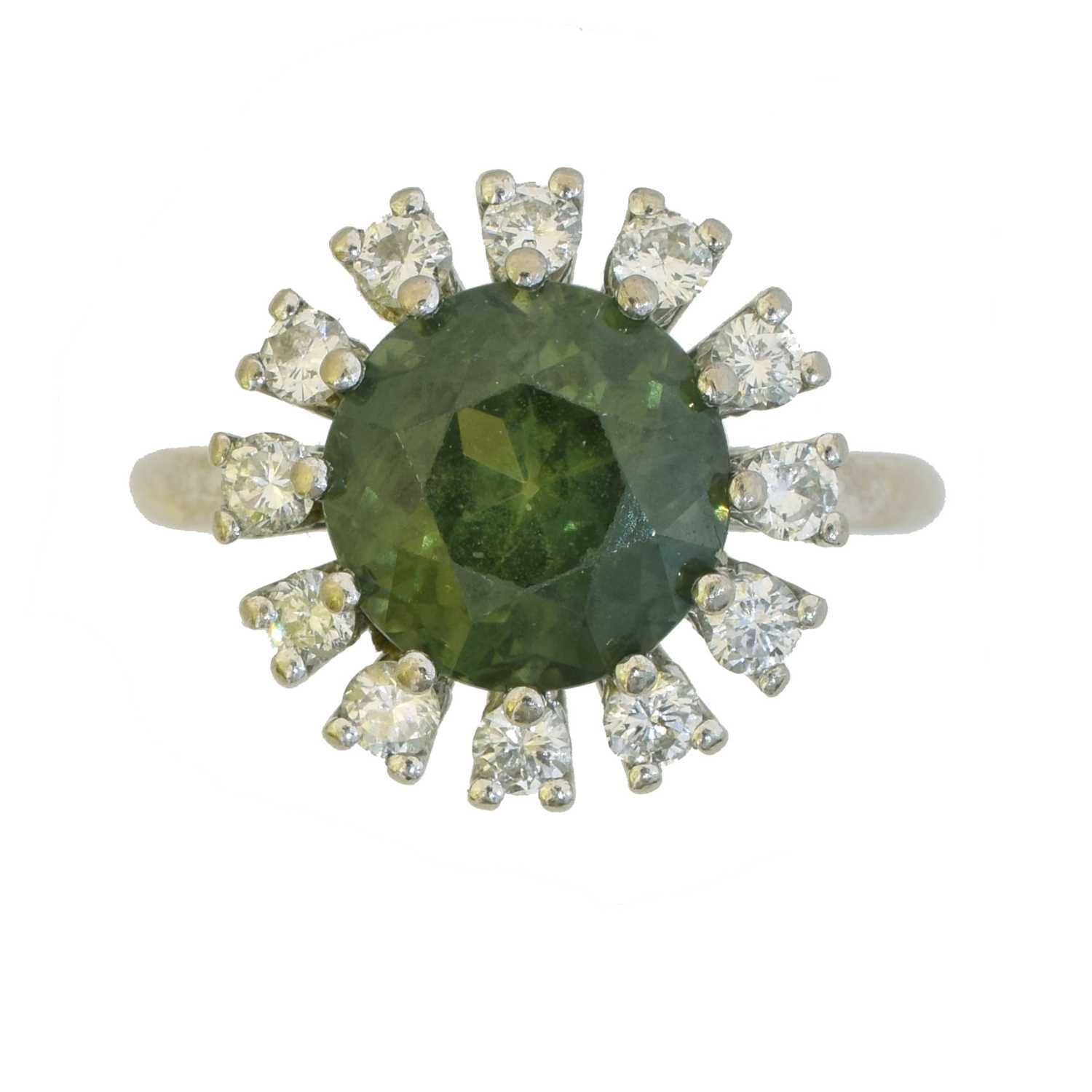 Lot 129 - A sapphire and diamond cluster ring.