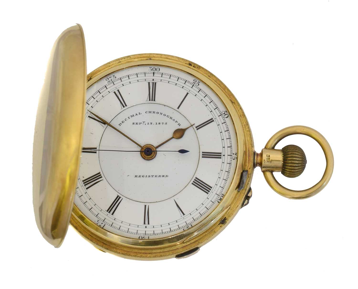 Lot 249 - An 18ct gold decimal chronograph hunter pocket watch by John Lecomber, Liverpool.