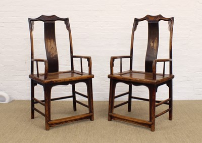 Lot 212 - A Good Pair of 19th Century Chinese "Yoke" Back Elm Armchairs