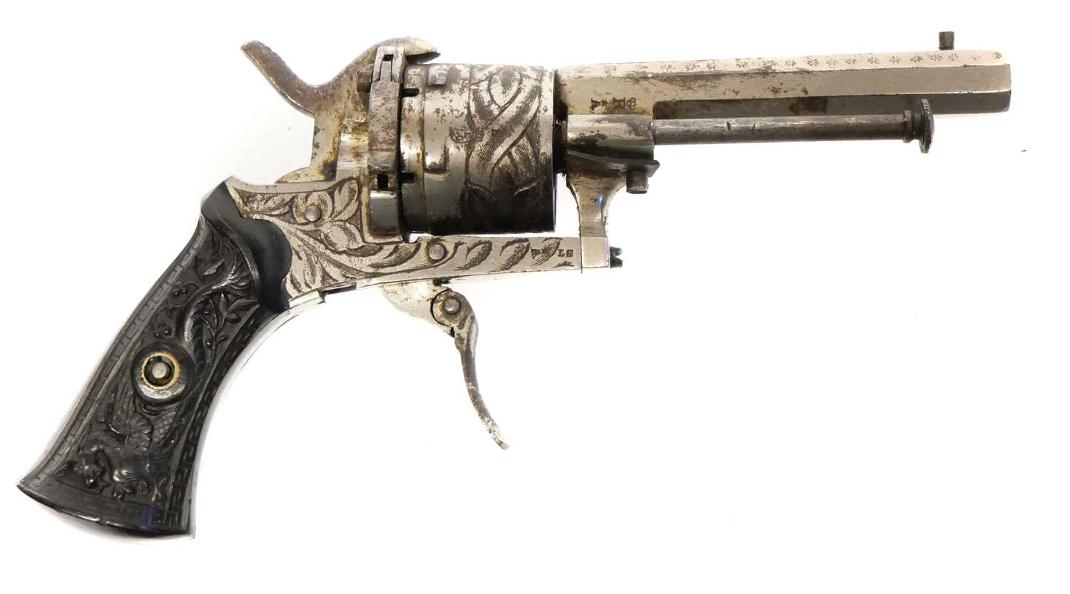 Lot 11 - Belgian 7mm pinfire revolver, 3inch octagonal...