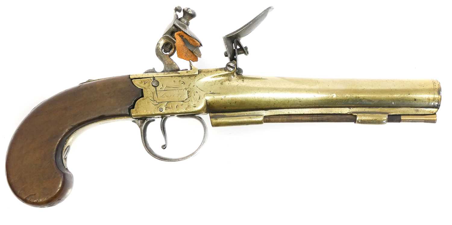 Lot 13 - Flintlock brass 34 bore pocket pistol,