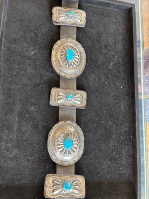Lot 85 - A silver and turquoise Concho belt by A Payton.