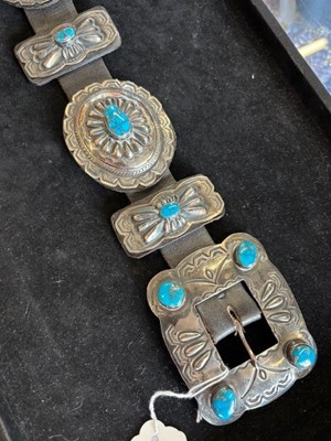 Lot 85 - A silver and turquoise Concho belt by A Payton.