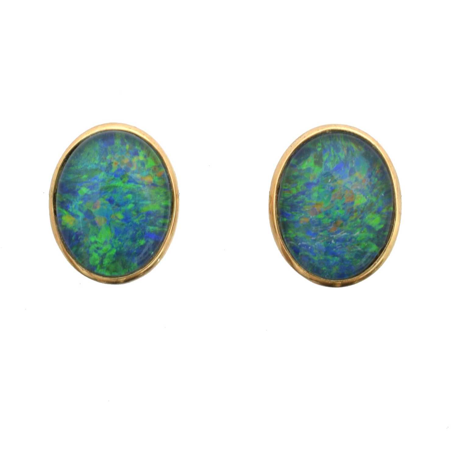 Lot 16 - A pair of opal triplet earrings.