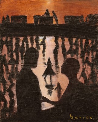 Lot 78 - David Barrow (British 1959-), Silhouetted figures, oil on board.