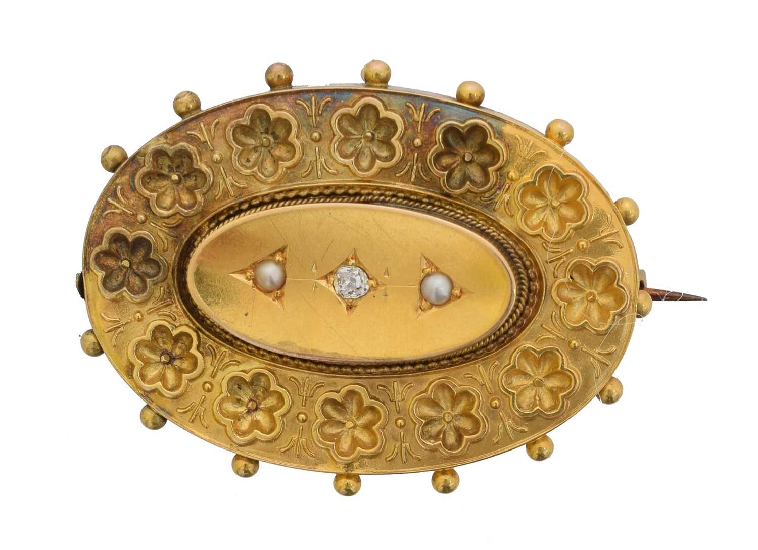 Lot 10 - A late Victorian 15ct gold diamond and split pearl brooch.