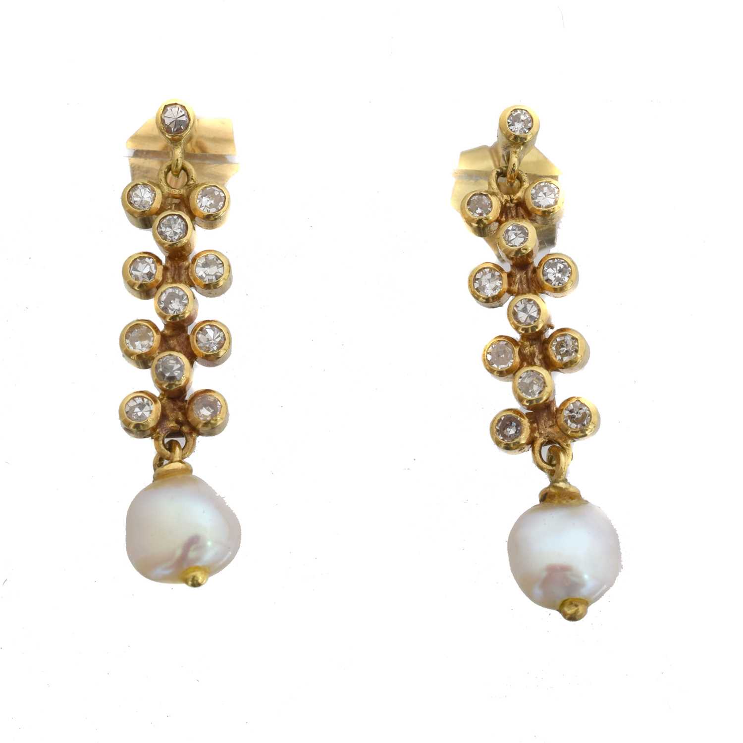 Lot 20 - A pair of diamond and cultured pearl earrings.