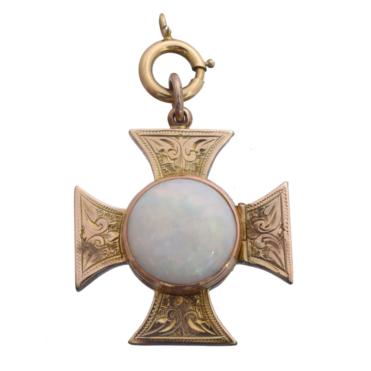 Lot 25 - A late 19th century gold plated opal hinged locket.