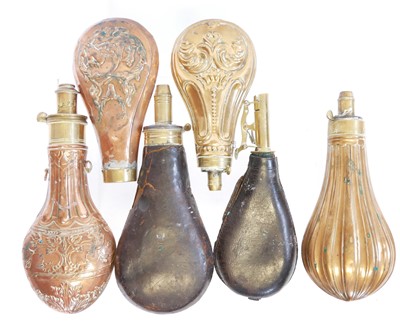Lot Six copper and brass powder / shot flasks, two...