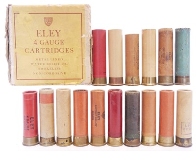 Lot Ten 4bore shotgun cartridges, also four empty...