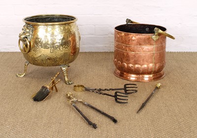 Lot 243 - Two Late 19th/Early 20th Century Coal/Log Bins and a Set of Fireside Companion Tools