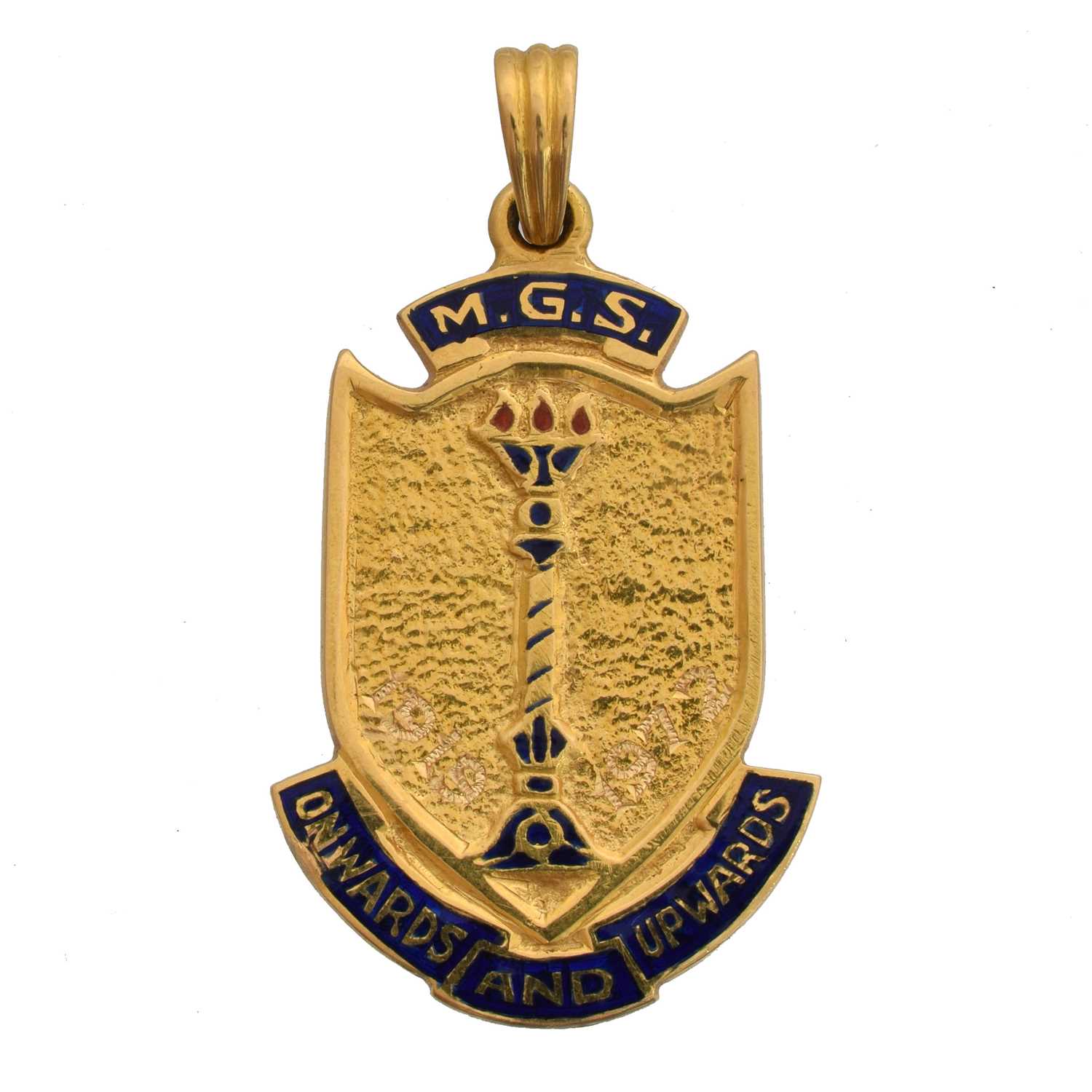 Lot 42 - A yellow metal and enamel M.G.S pendant