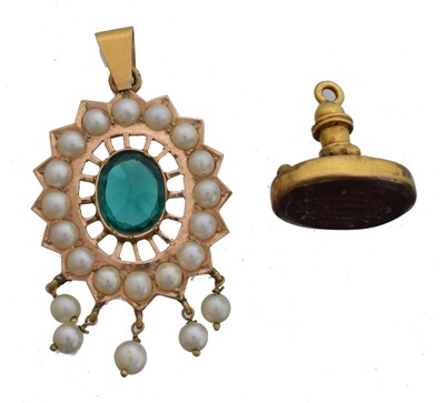 Lot A yellow metal, green paste and seed pearl pendant