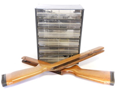 Lot 473 - Collection of gun spares in cabinet, also two...