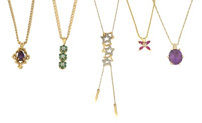 Lot Five 9ct gold gem set pendants