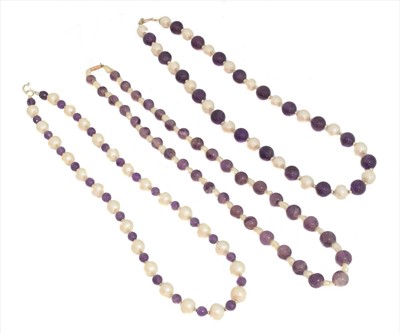 Lot Three amethyst and cultured pearl necklaces