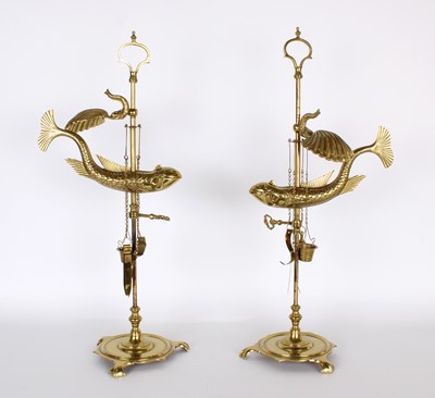 Lot 204 - An Unusual and Large Pair of Continental Brass Oil Lamps