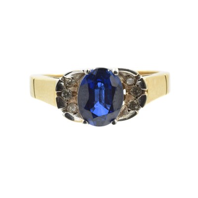 Lot A yellow metal diamond and synthetic sapphire dress ring
