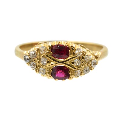 Lot An Edwardian style yellow metal ruby and diamond navette ring