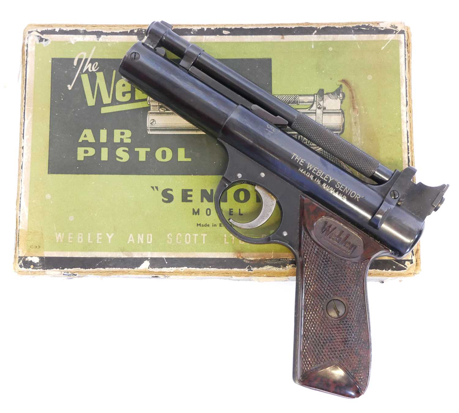 Lot Boxed Webley Senior .22 air pistol, cylinder...