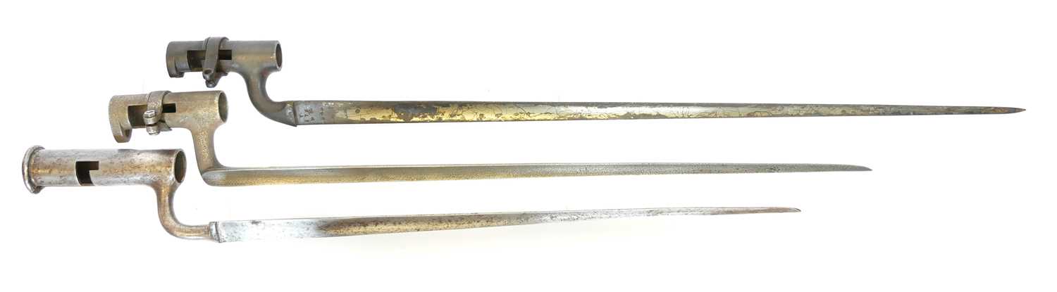 Lot Three socket bayonets, for a Brown Bess,...