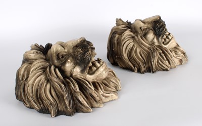 Lot Unusual and Large Pair of Stoneware Lion Masks