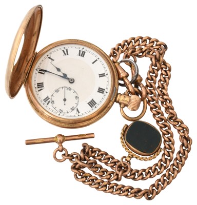 Lot 136 - A 9ct gold half hunter pocket watch with chain and fob
