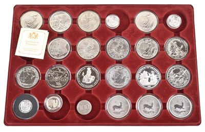 Lot 33 - A tray of silver and silver proof coins to include Krugerrands, Britannias etc.